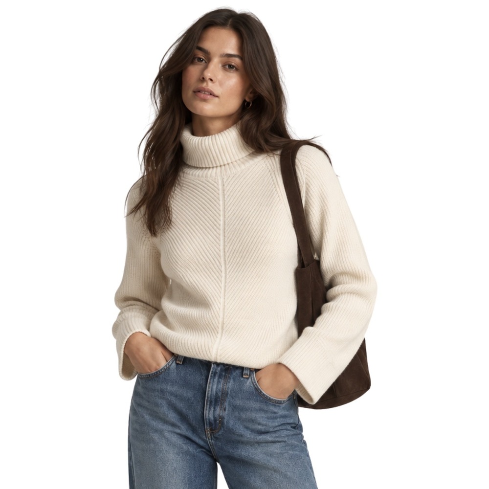 Anthropologie Maeve Sweater XS Ivory Turtleneck Ribbed Chevron Knit Cotton Wool